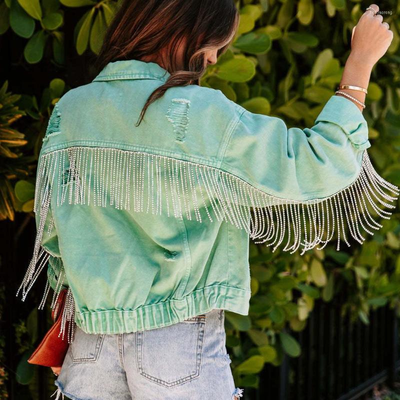 

Women' Jackets AYUALIN Vintage Casual Spring Autumn 2023 Oversize Outwear Boho Chain Tassel Long Sleeve Denim Jacket Women Loose Coat, Light green