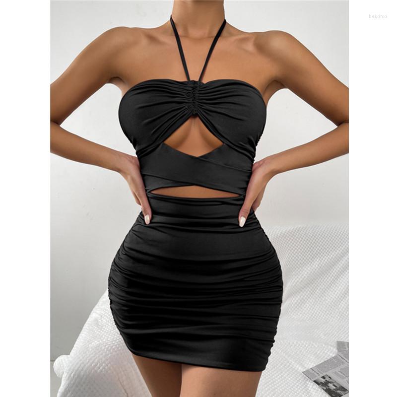 

Casual Dresses Ladies Skinny Clubwear Streetwear Summer Bodycon Dress Women Outfits Halter Pleated Chest Skirt Female Clothes, White