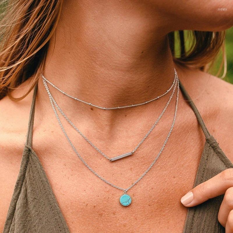 

Pendant Necklaces Summer Beach Boho Style Multilayer Necklace With Disc/turquoise/bar Charm Bohemian Turquoise Layered Jewelry For Women Bar