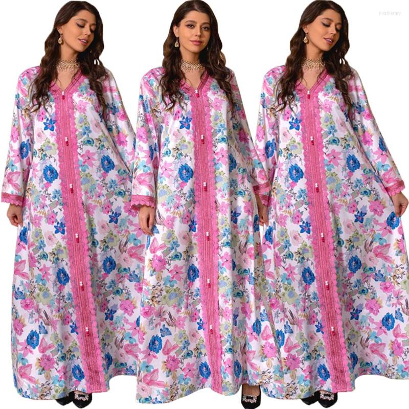 

Ethnic Clothing Elegant Jalabiya Floral Print Women Long Arabic Dress Moroccan Kaftan Dubai Abaya Evening Party Ball Gown Ramadan Muslim