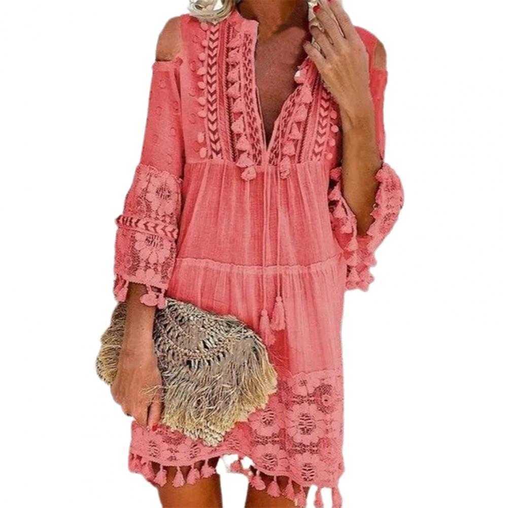 

Casual Dresses Sexy Women's Shift Dress Long Sleeve Tassel Fringe Lace Robe Strapless Deep VNeck Female Summer Casual Boho Vacation Dresse Hot Z0216, Red 1