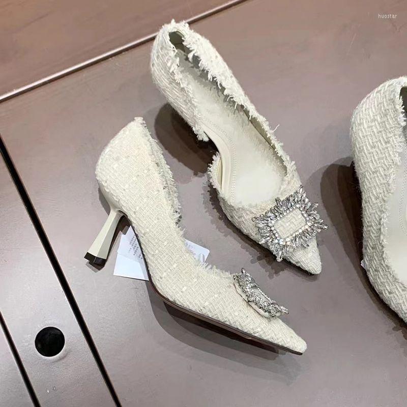 

Dress Shoes Women 2023 Four Seasons Champagne High Heels Bow Pointed Rhinestone Fashion Grace Versatile Casual White Pumps, Ivory