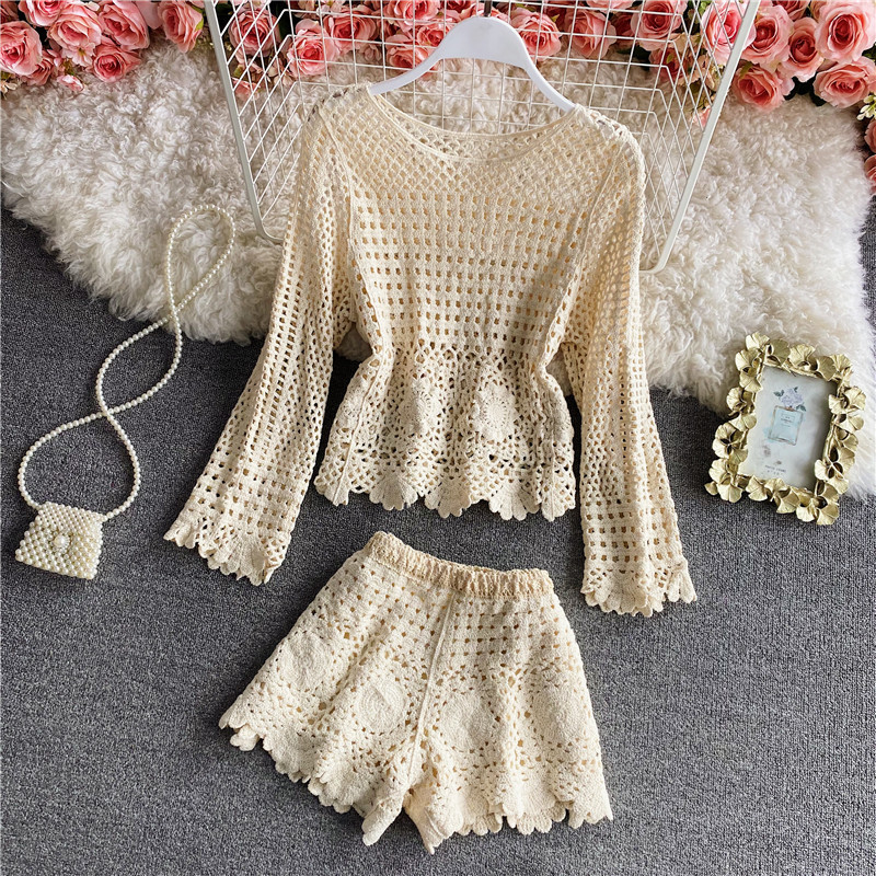 

Women s Two Piece Pants Sweet Sexy Hollow Out Lace Sets Beach Style Crochet Shorts 230217, White