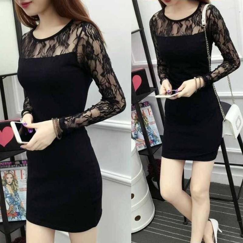 

Casual Dresses Sexy Women Ladies Lace Sleeve Splice O Neck Mini Dress Club Fitting Slim Summer For Womens Loose, Black