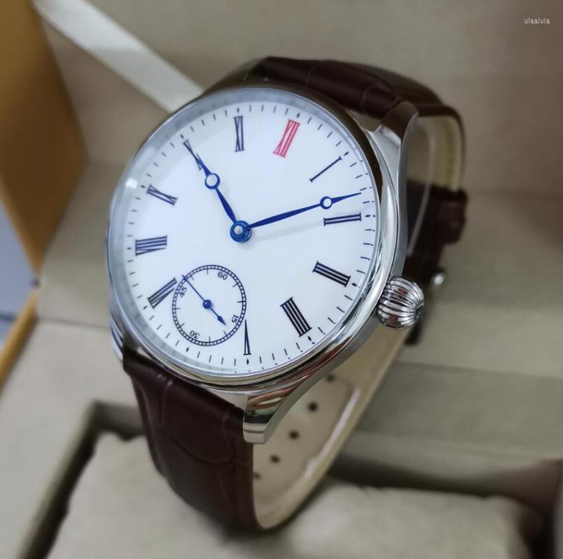 

Wristwatches GEERVO No Logo 41mm White Dial Roman Number Red 12 Manual Mechanical Men's Watch Sapphire Crystal Or Mineral Glass, Coffee strap mineral