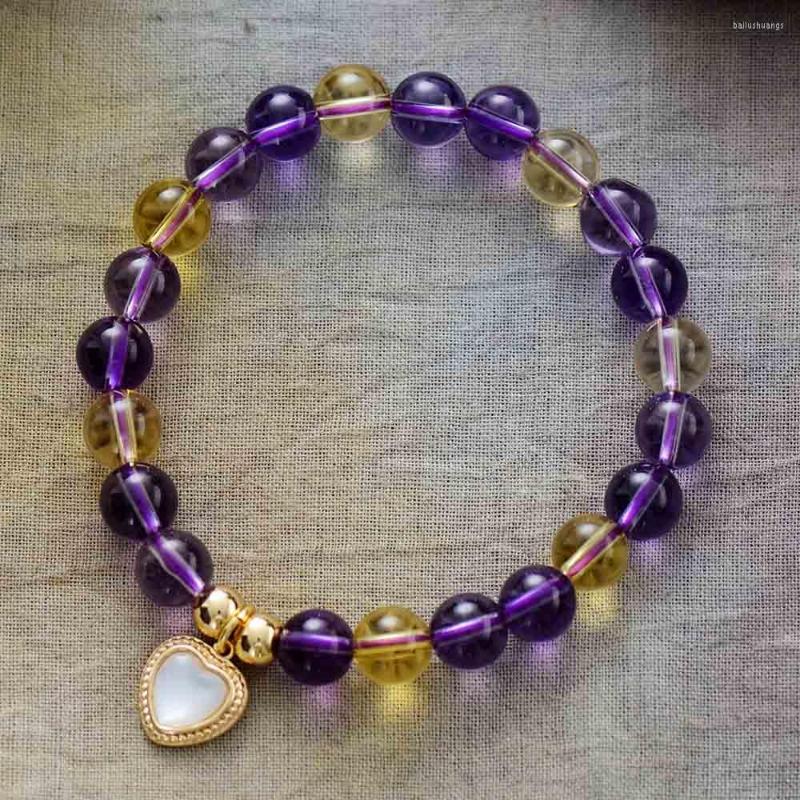 

Strand Luxury Amethysts Stretch Elastic Beads Heart Charm Bracelet Natural Stones 8MM Designer Yoga Meditation Jewelry