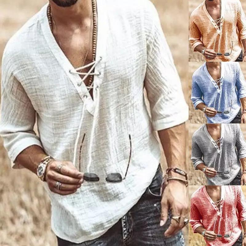 

Men' T Shirts Men' Fashion Hippie Shirt Casual Medium Sleeve V-neck Summer Beach Loose T-shirt, Black