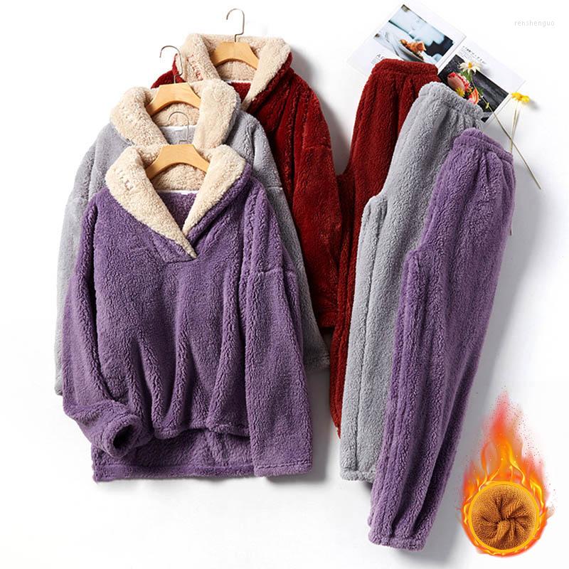 

Women's Sleepwear Winter Flannel Women Pajamas Sets Thick Warm Coral Velvet Long Sleeve For Solid Homewear Set XXL, Gray