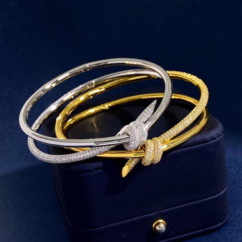 

knotted half diamond gold Bangle luxury designer monogram hollow bracelet diamond 18K plated 925 stainless steel wedding gold and silver bracelet T01