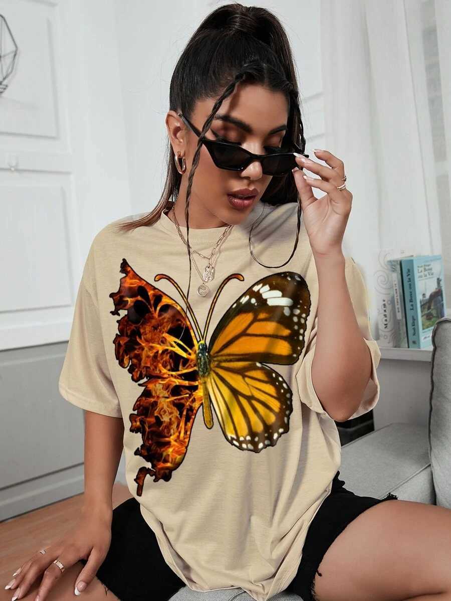 

Men's T-Shirts Summer Butterfly Print Drop Shoulder Oversized Tee half-sleeved t-shirt L230217, Beige