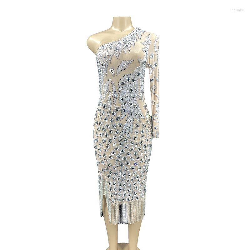 

Stage Wear Sparkly Silver One Shoulder Big Rhinestone Chain Transparent Dress Evening Celebrate Costume Women Show, Nude