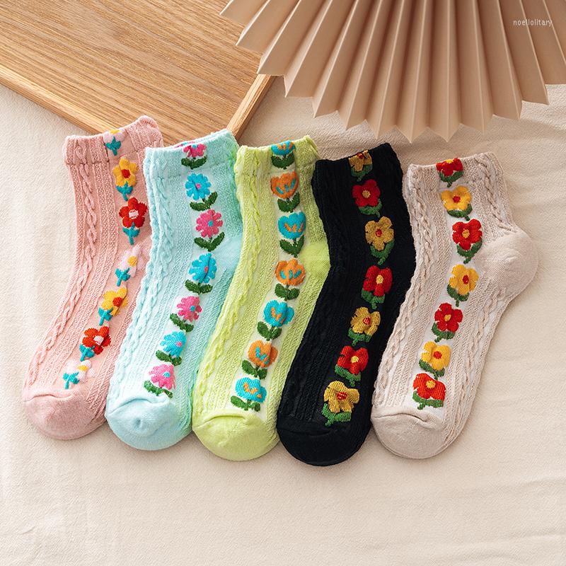 

Women Socks 5 Pairs Fashion Japanese Korean Style Female Cartoon Flower Harajuku Kawaii School Girls Casual Crew, Beige