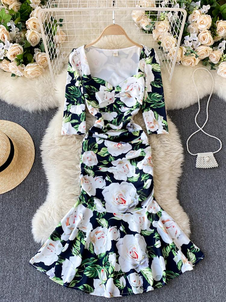 

Party Dresses Sexy Low Collar Flower Printed Mermaid Dress Women Elegant Square High Waist Bodycon Vestidos Female Spring Autumn, Green
