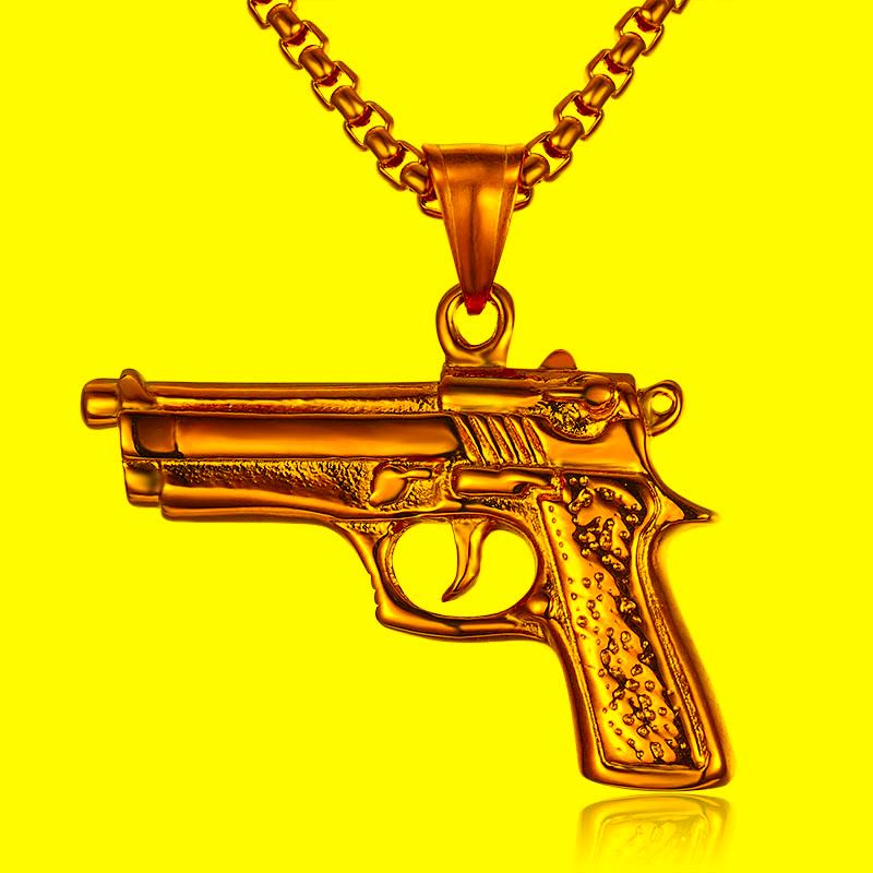 

Pendant Necklaces Hip Hop Rock Gold Gun Men Pendants Necklace 316L Stainless Steel Jewelry With 24" ChainPendant