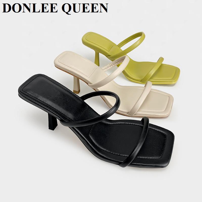 

Slippers Fashion Thin Heels Women Candy Color Slides High Heel Brand Narrow Band Sandal Party Shoes Sandalias De Las Mujeres, Beige