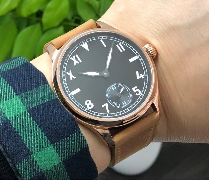 

Wristwatches Sapphire Crystal Or Mineral Glass 44mm Asian 6498 Mechanical Hand Wind Movement Men's Watch Rose Gold Case Luminous