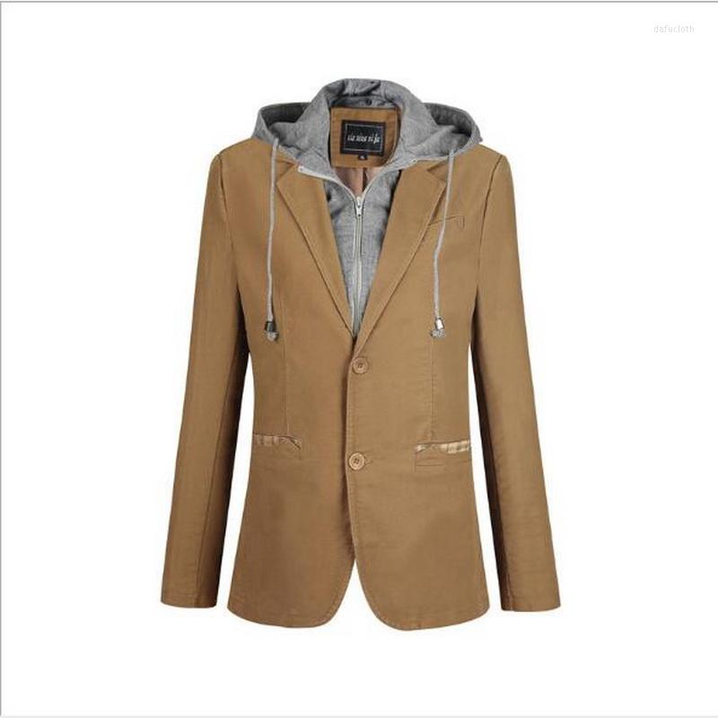 

Men's Suits Men's Blazers Hooded Suit Cotton Jacket Unloading Cap Fake Two Pieces Single Buckle Blazer, Khaki