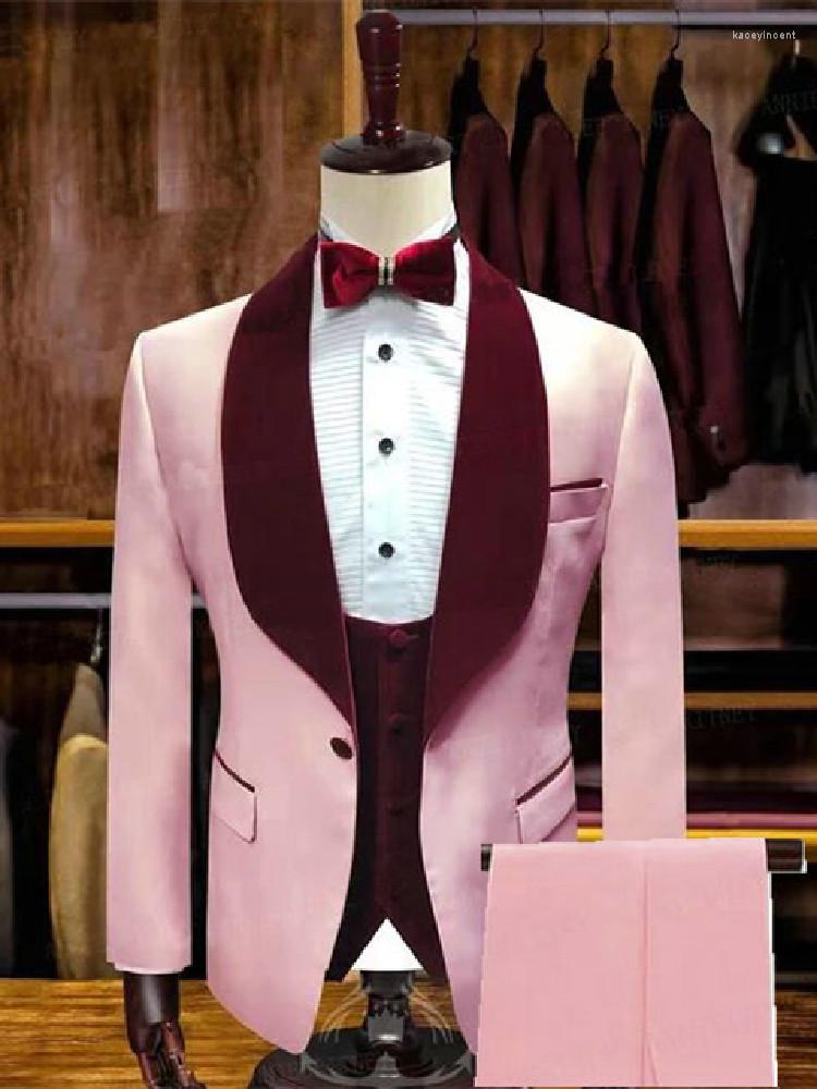 

Men's Suits Pink Men Suit 3 Pieces Gentle Blazer Vest Pants One Button Velvet Red Lapel Fashion Groom Formal Pinstripe Party Causal Tailored, Khaki