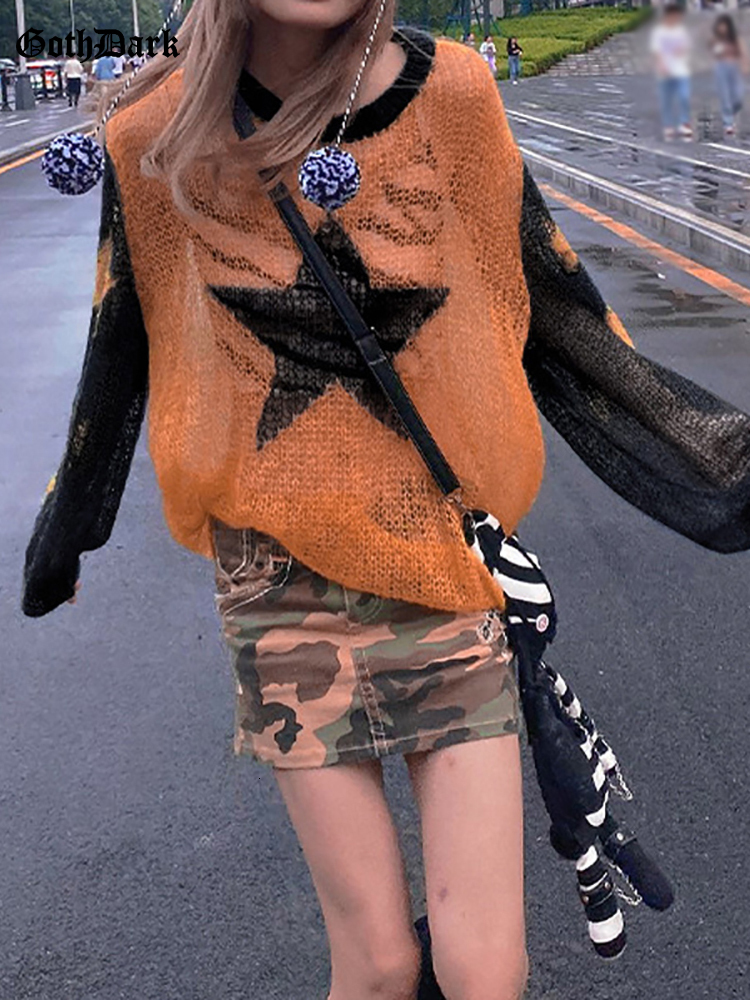 

Women's TShirt Goth Dark Harajuku Hollow Out Women Knit Tshirts Gothic Grunge Aesthetic Star Casual Tops Egirl Fashion Loose Sexy Streetwear 230217, Coral red