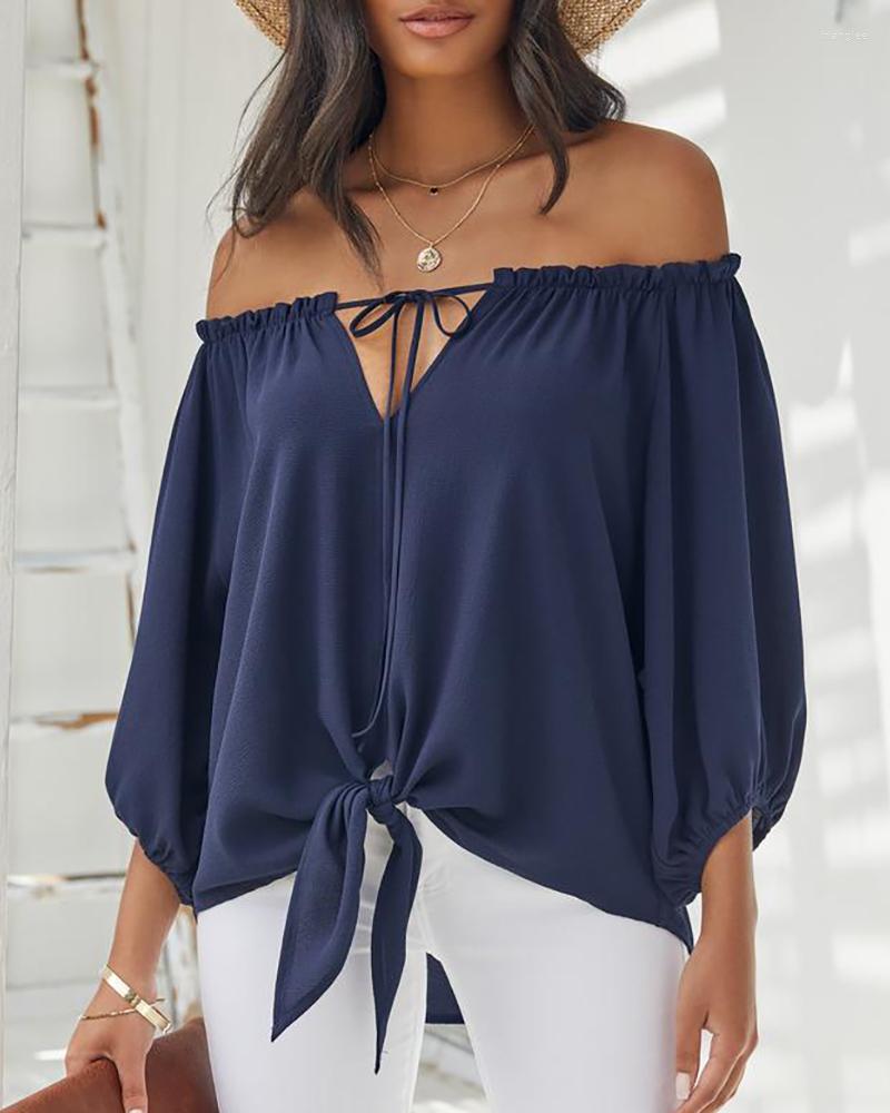 

Women's T Shirts Ninimour Spring Summer Women Plain Bow Tied Blouse 2023 Femme Lace Up Off Shoulder Solid Top Office Ladies Outfits Tunic, Blue