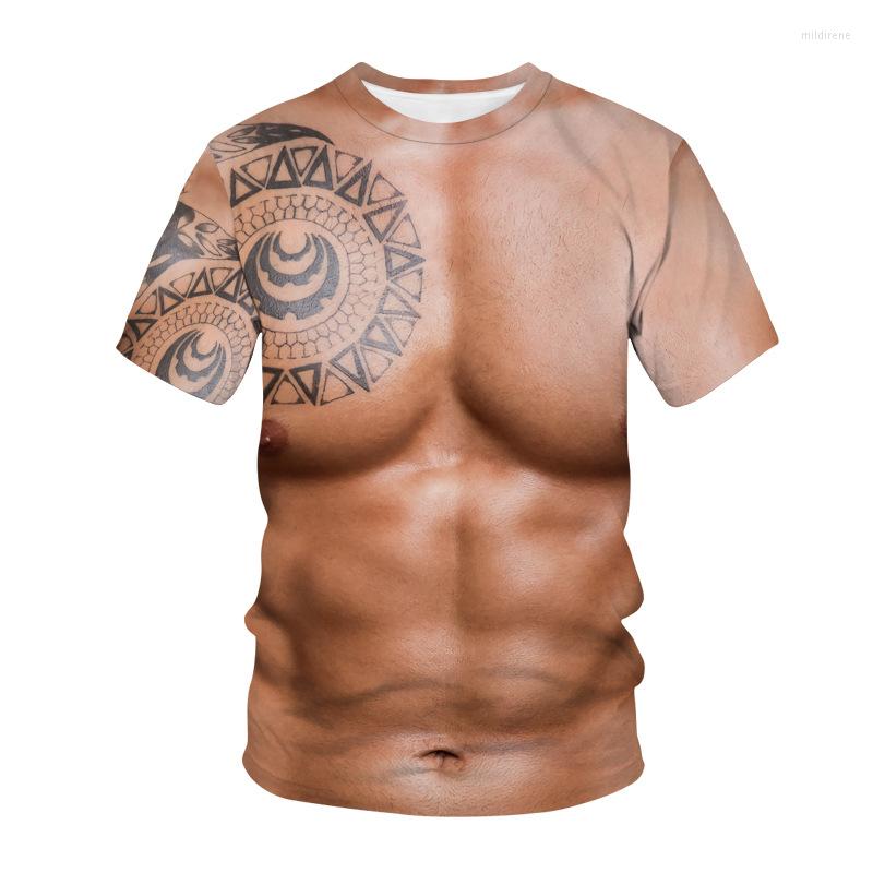 

Men's T Shirts Summer Fashion Ultra Real Body Skin Fake Muscle 3D Printing T-Shirt Men Street Chest Tattoo Cool Short Sleeve Top, Beige