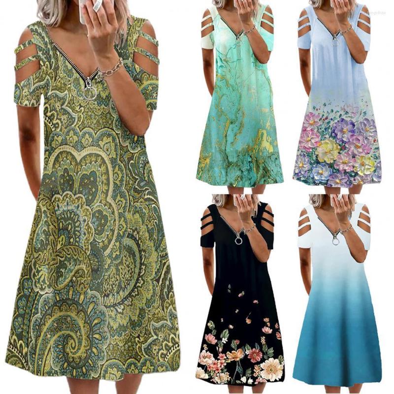 

Casual Dresses S!!Women Dress Flower Print Loose Summer Short Sleeve V Neck For Dating, Black