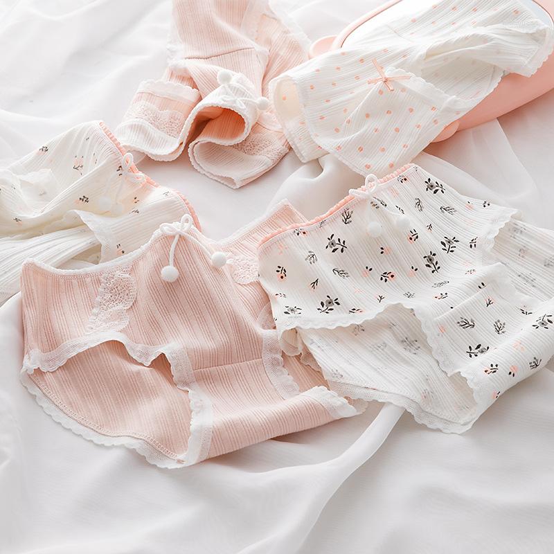 

Women's Panties 3Pcs/set Pure Cotton For Women Cute Style Underpants Fashion Pink Print Briefs Soft Breathable Bowknot Ladies Lingerie, Pink1 pink2 flower