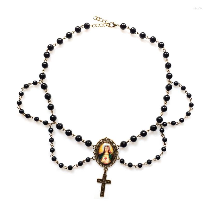 

Choker QIGO Black Glass Pearl Tassel Cross Virgin Chokers Necklace For Women Religious Jewelry