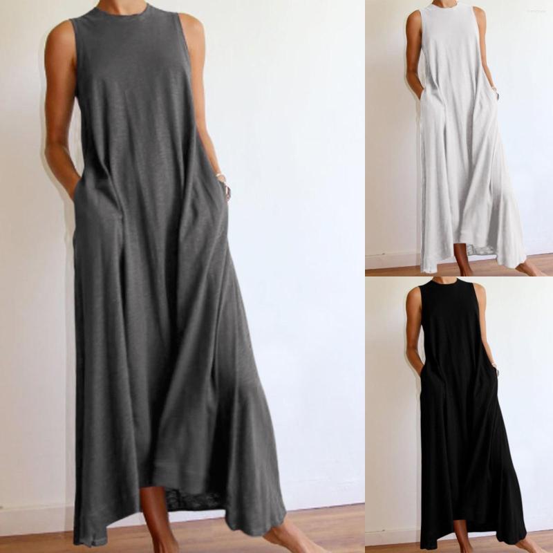 

Casual Dresses Women Summer Dress O Neck Ladies Fashion Plus Size Sleeveless Pockets Solid Long Maxi Boho Style Beach Party, Gy
