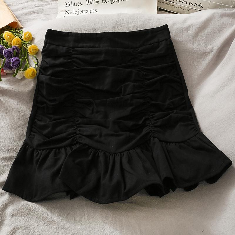 

Skirts Women High Waist Elegant Ruffles Patchwork Mini Pleated Skirt Solid Slim Bodycon A-line 2023 Summer, Black