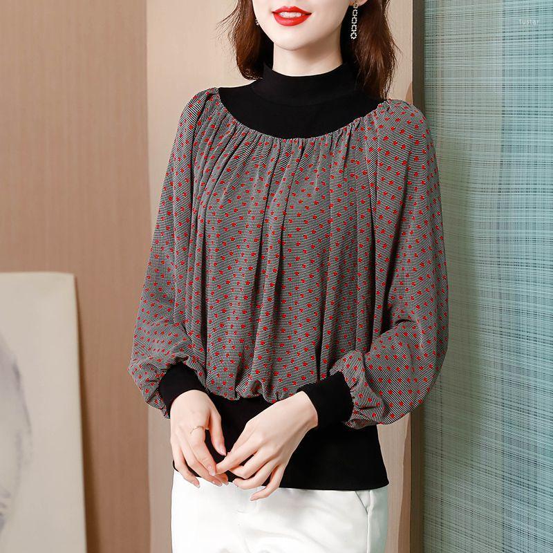 

Women's T Shirts Autumn Winter Vintage Polka Dot Printed T-shirt Stylish Leopard Floral Chic Chiffon Spliced Loose Half High Collar, Red dot