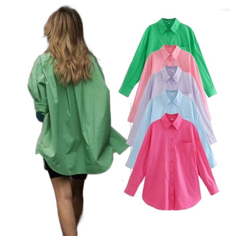 

Women's Blouses Women Full Sleeve Elegant Tops 14 Colors Fashion Pocket Candy Color Shirt Loose Mid Length Chic Oversized Shirts, Lavender