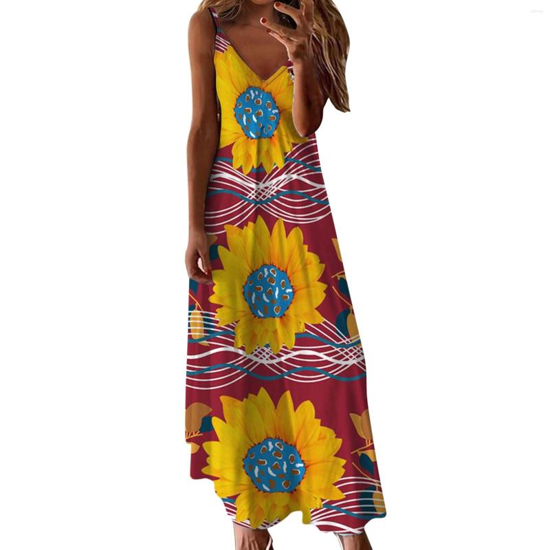 

Casual Dresses Women Plus Size Print Daily Sleeveless Dress Vintage Bohemian V Neck Maxi Summer Fashion Long Vestido, Ye