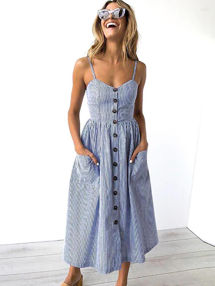 

Casual Dresses Fitshinling Buttons Up Summer Sundresss Women Striped Flower Spaghetti Strap Sleeveless Sexy Midi Boho A Line Pareos, Beige follow