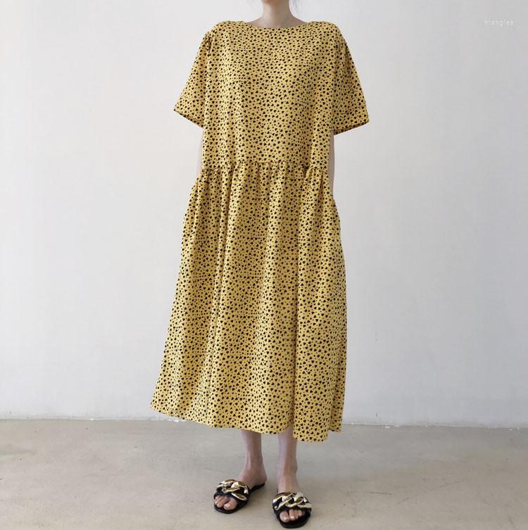 

Casual Dresses Vintage Buttons Cotton Linen Long Shirt Dress Summer Style Polka Dot Pocket Neck Sleeve Jackets Autum Lapel, Color as picture