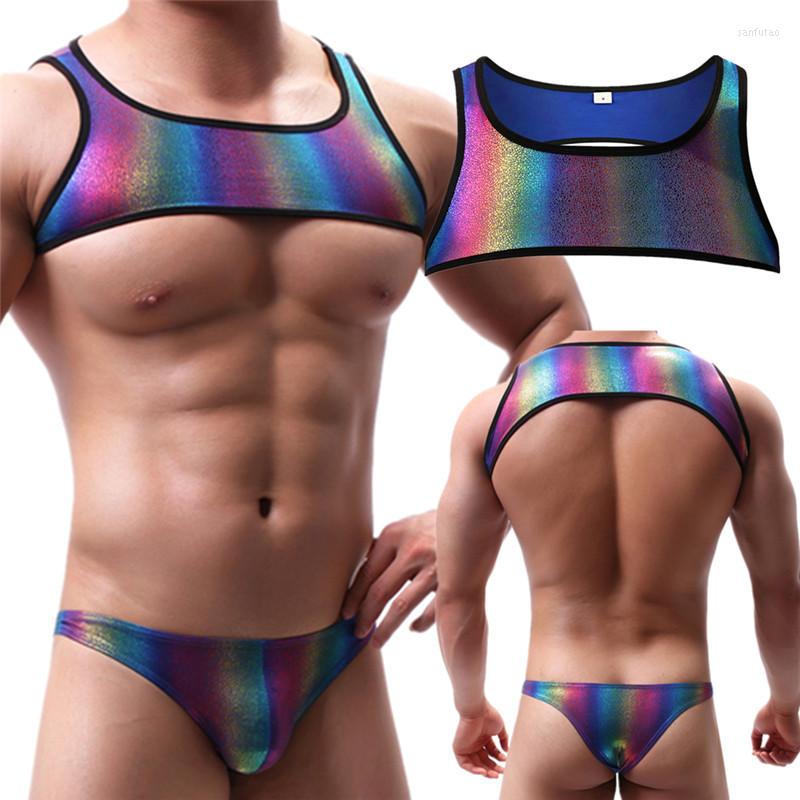 

Men' Tank Tops Mens Rainbow Body Chest Harness Bikini Briefs Thongs Low Waist Bulge Pouch Panties Crop Exotic Tanks Underwear, Thongs only