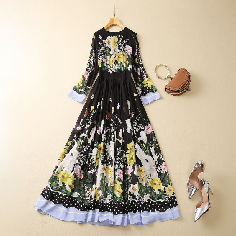 

2023 Spring Black Floral Rabbit Print Panelled Chiffon Dress 4/5 Long Sleeve Round Neck Midi Casual Dresses S3F131624 Plus Size XXL