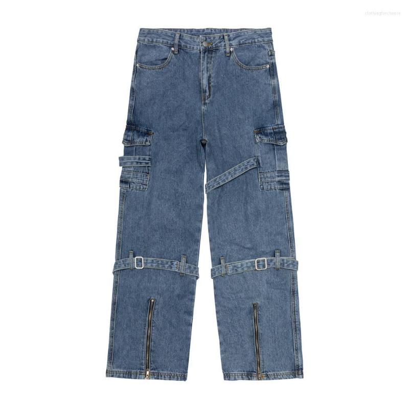 

Men' Jeans Zipper Straight Cargo Pant Autumn Streetwear Baggy Hip Hop Strapping Men Korean Fashion Loose Nine-Point Clothing Blue, Black