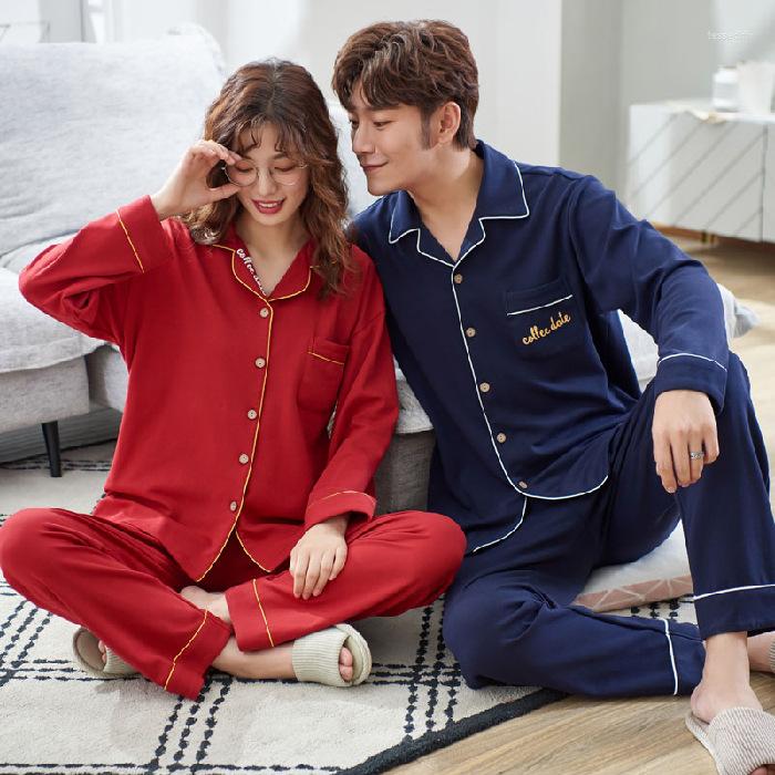 

Women's Sleepwear Couple's Pajamas Set Women Mens Cotton Pijama Long Sleeve Sleepshirt Homewear Pyjamas Round Neck Nightwear Lounge Wear