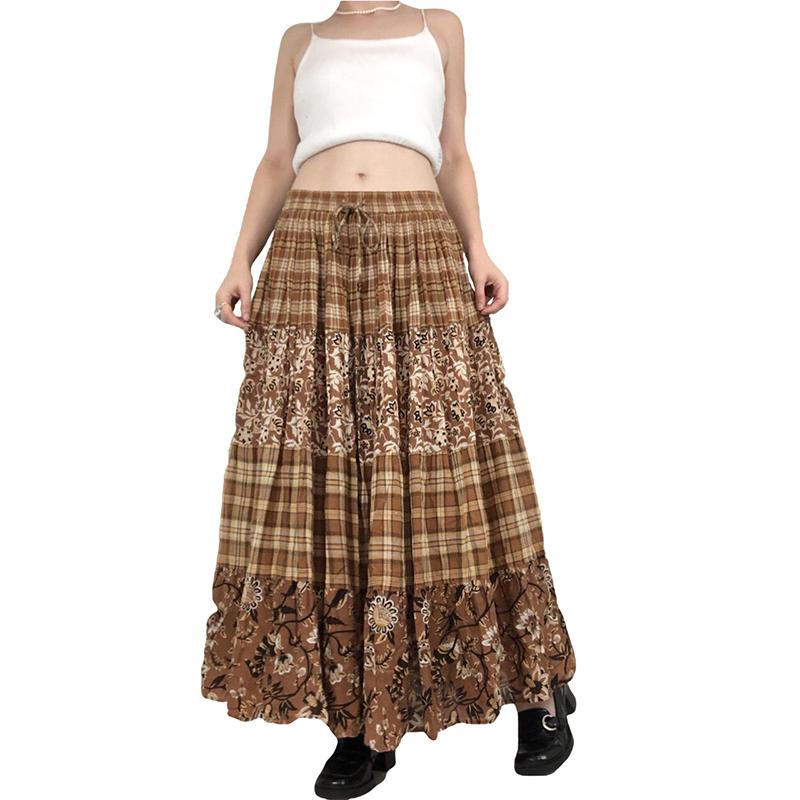 

Skirts Women Y2K Fairycore Midi Skirt Floral Print A Line Long 90s Vintage Grunge Boho Ruffle Hem Streetwear, Auburn