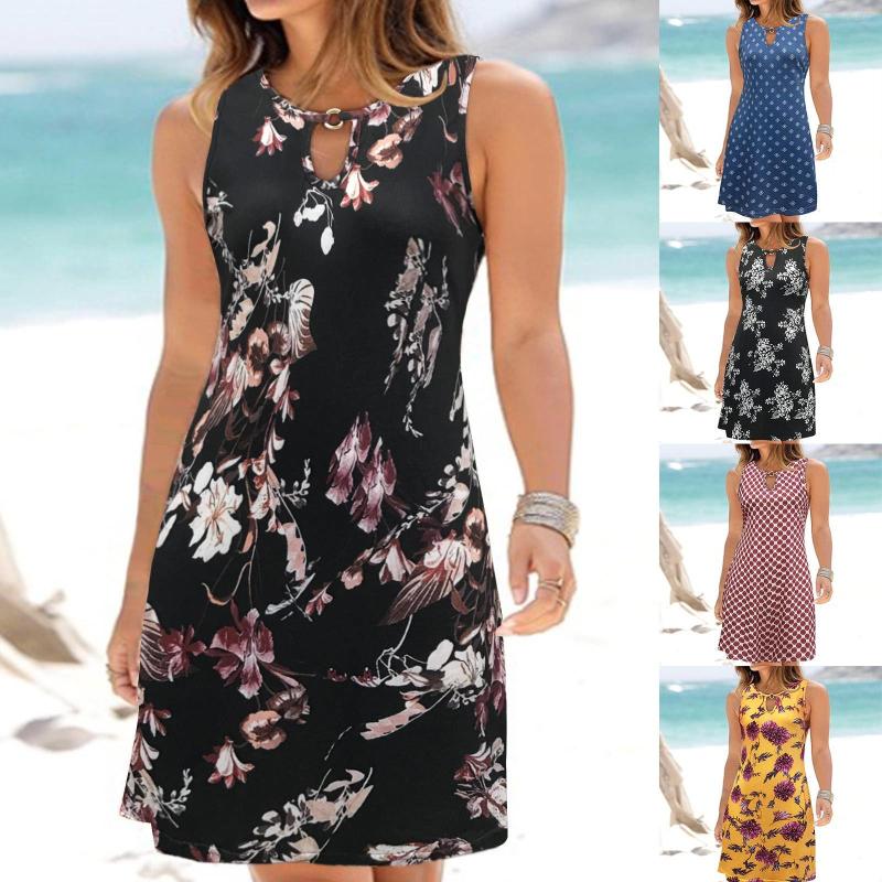 

Casual Dresses Women Daily Summer Pullover Dress Beach Floral Print O Neck Sundress Sleeveless Button Front Tie Waist Midi, Black