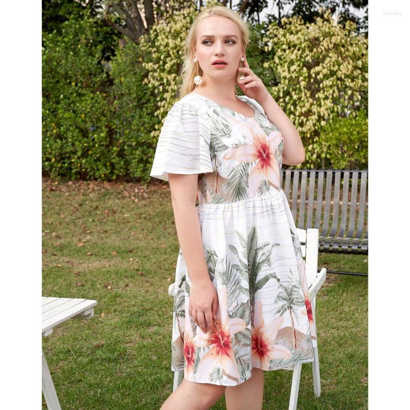 

Plus Size Dresses 2023 Women Dress Floral Short Sleeve Larges Big Plussize O-neck Clothes Clothing Casual Wear For Female Suits, 200452