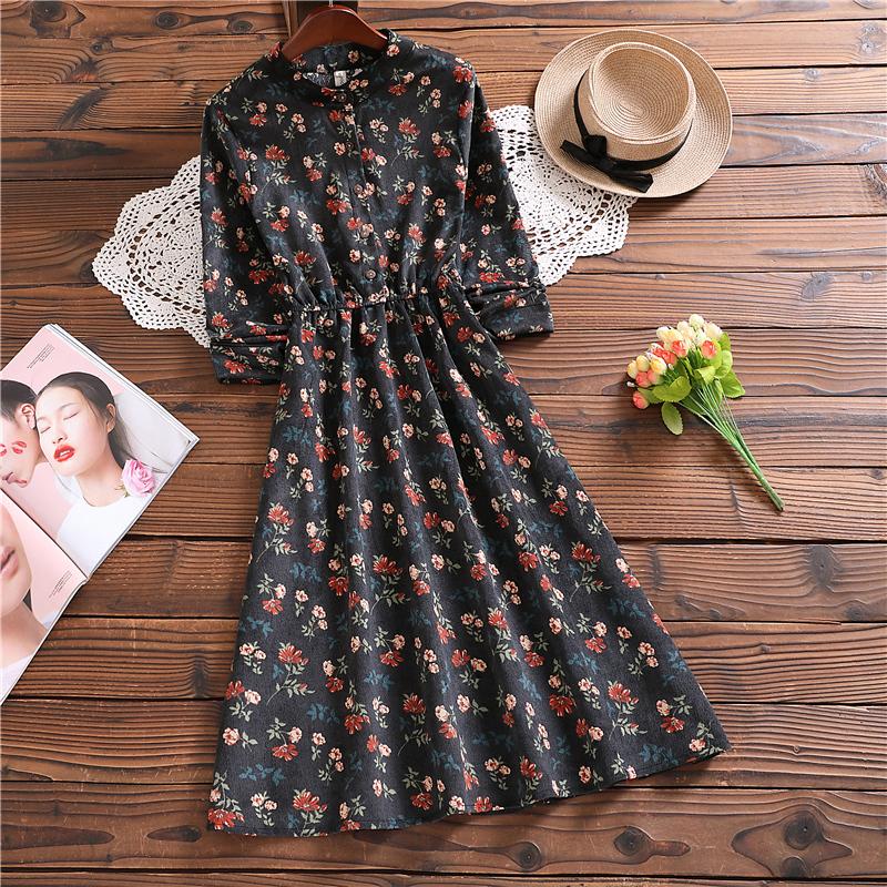 

Casual Dresses 2023 Spring Autumn Retro Floral Slim Corduroy Long-sleeved Dress For Women Clothing Vestidos D850