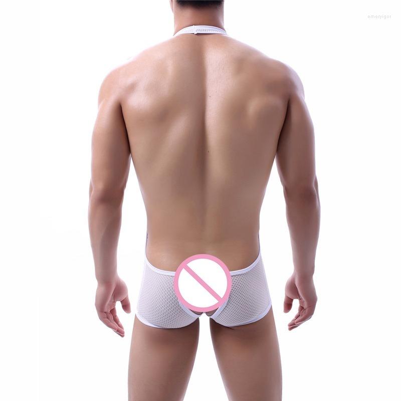 

Undershirts Sexy Men Hanging Neck Boxer Mesh Breathable Jumpsuit Leotard Underwear Teddies One-Piece Wrestling Singlet Bodysuirt, White
