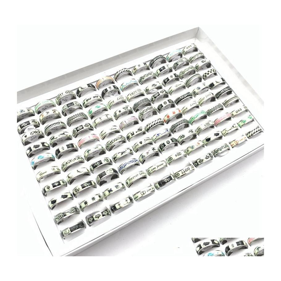 

Band Rings Wholesale 100Pcs/Lot Stainless Steel Luminous Fashion Jewelry For Men Women Sticker Glow In The Dark Party Gift Mix Drop Dh7Gm