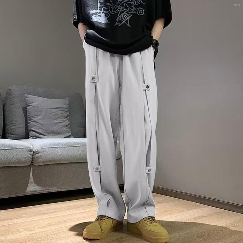 

Men's Pants Mens Spring And Autumn Simple Solid Color Leisure High Street Button Elastic Lace Up Trousers, Black