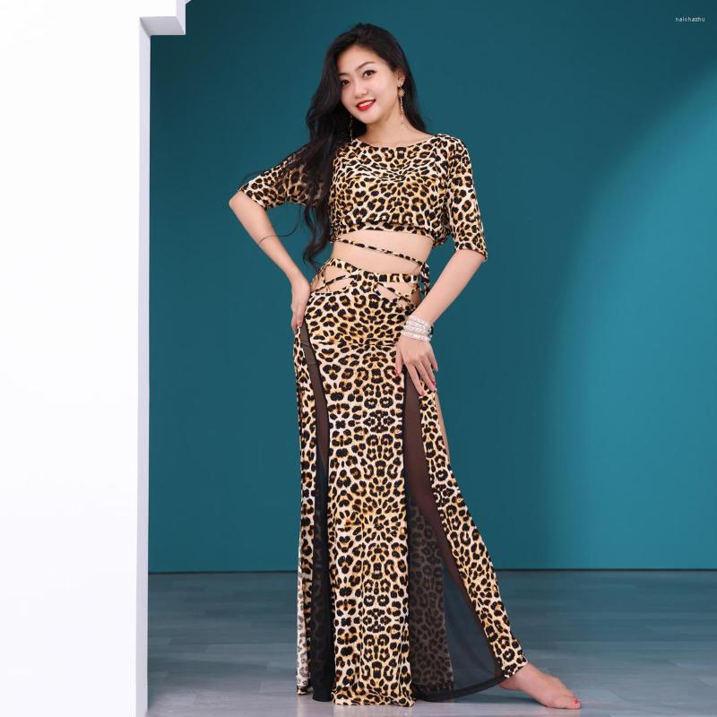 

Stage Wear Leopard Printed Belly Dance Training Clothing Stretch Class Bellydance Costume 2pcs Crop Top Long Skirt Sexy Mesh Outfit, Brown design 1