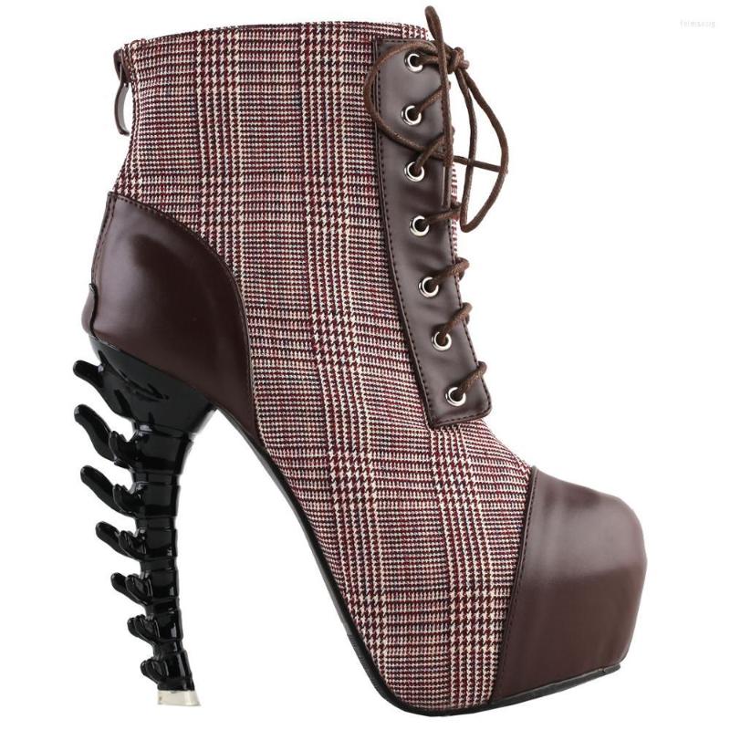 

Dress Shoes SHOW STORY Vintage Brown Two Tone Lace-Up High-top Bone Heels Platform Ankle Boots