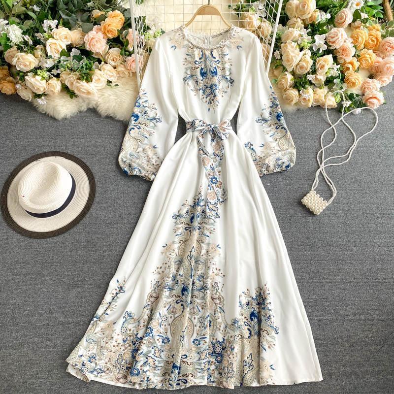

Casual Dresses Trendy For Women Nice Elegant Vintage Print Boho Dress Lace Trim Round Neck Long Sleeve Midi With Belt, Blue