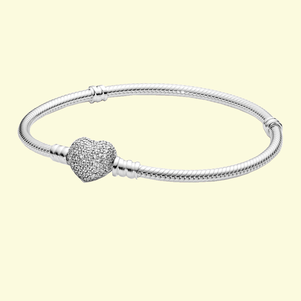 

925 Sterling Silver New Fashion Women Bright Heart-shaped Snake Chain Bracelet, Compatible with Original Beads and Birthday Gifts